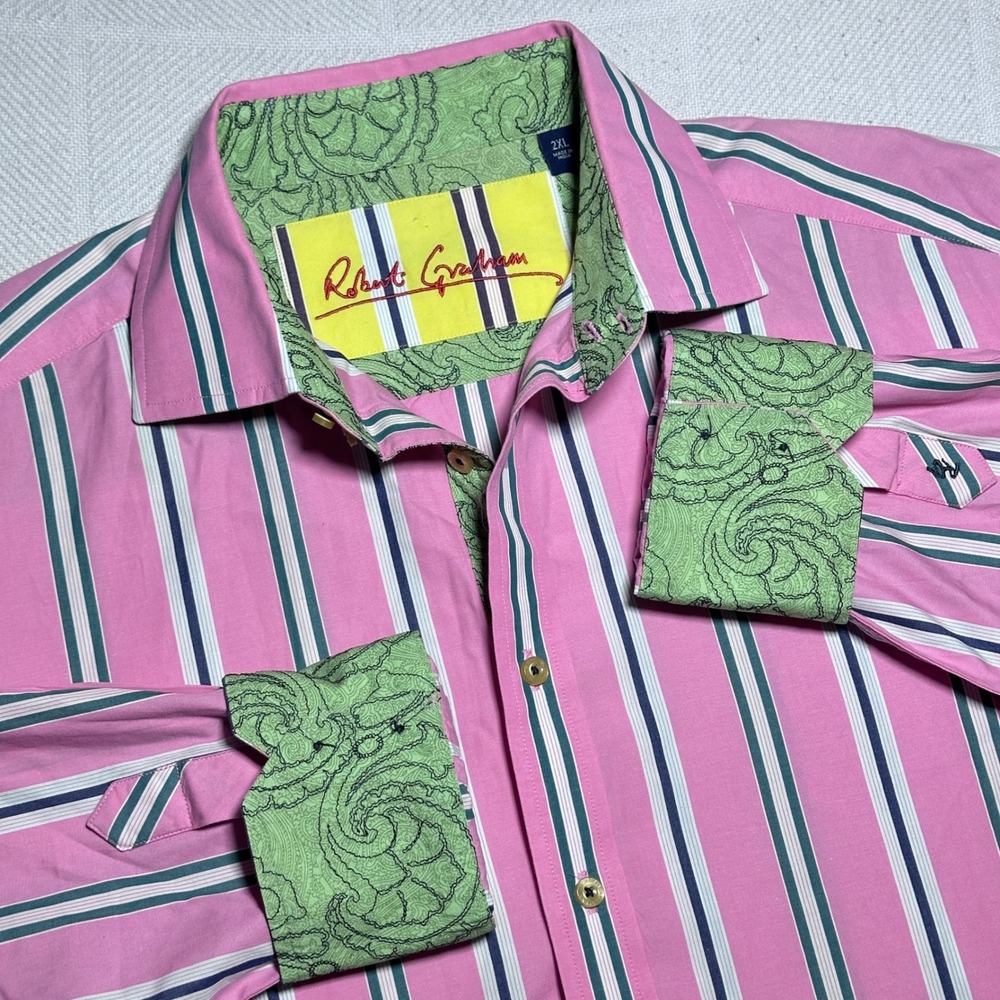Robert Graham Button Up Shirt Mens 2XL Pink Striped Green Paisley Flip Cuffs